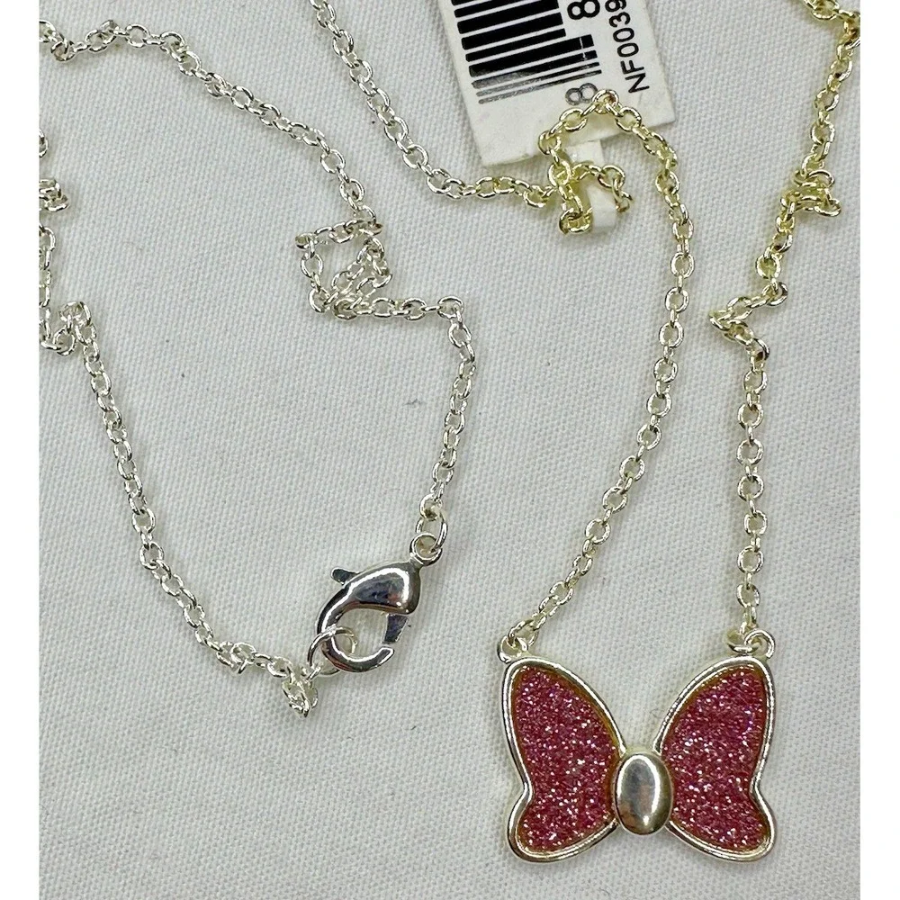 Disney Pink Glitter Bow Necklace Minnie Mouse Charm Brass JCM 17 in Tags